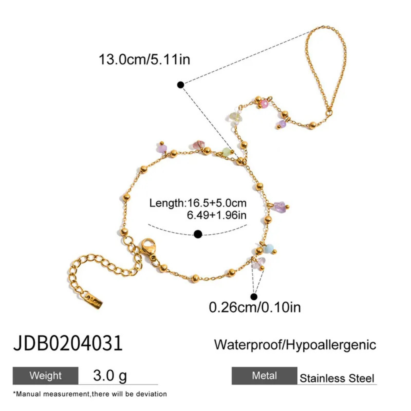 Gold bracelet with measurements and product details on a white background