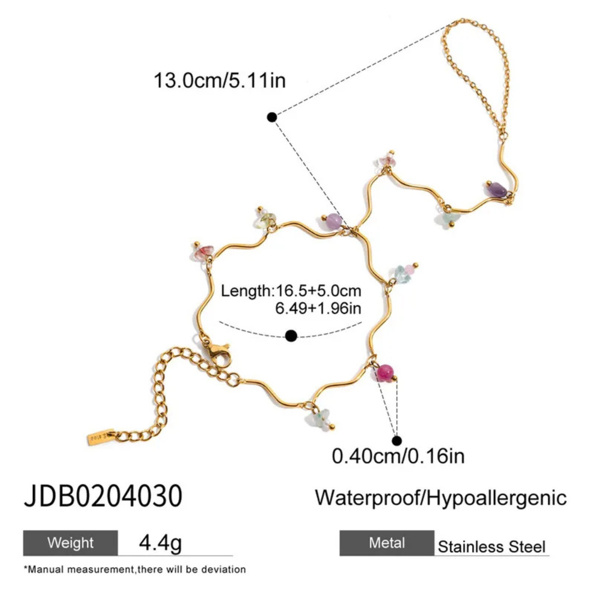 Gold bracelet with measurements and product details on a white background