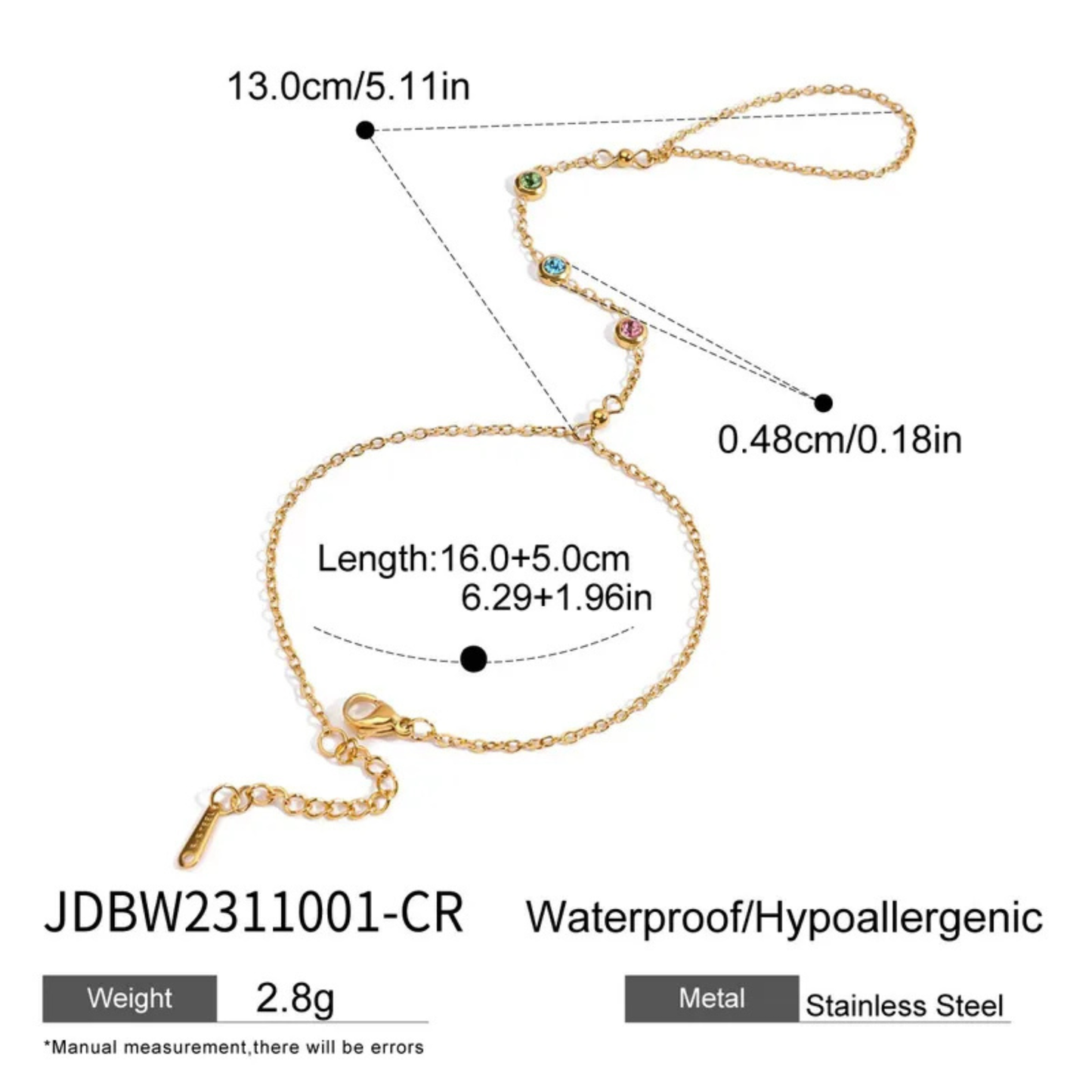 Gold chain necklace with measurements and product details on a white background