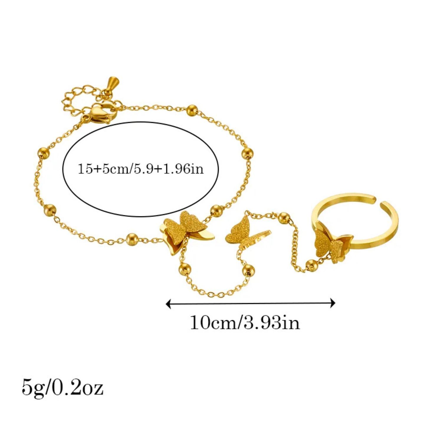 Gold bracelet and ring set with measurements on a white background