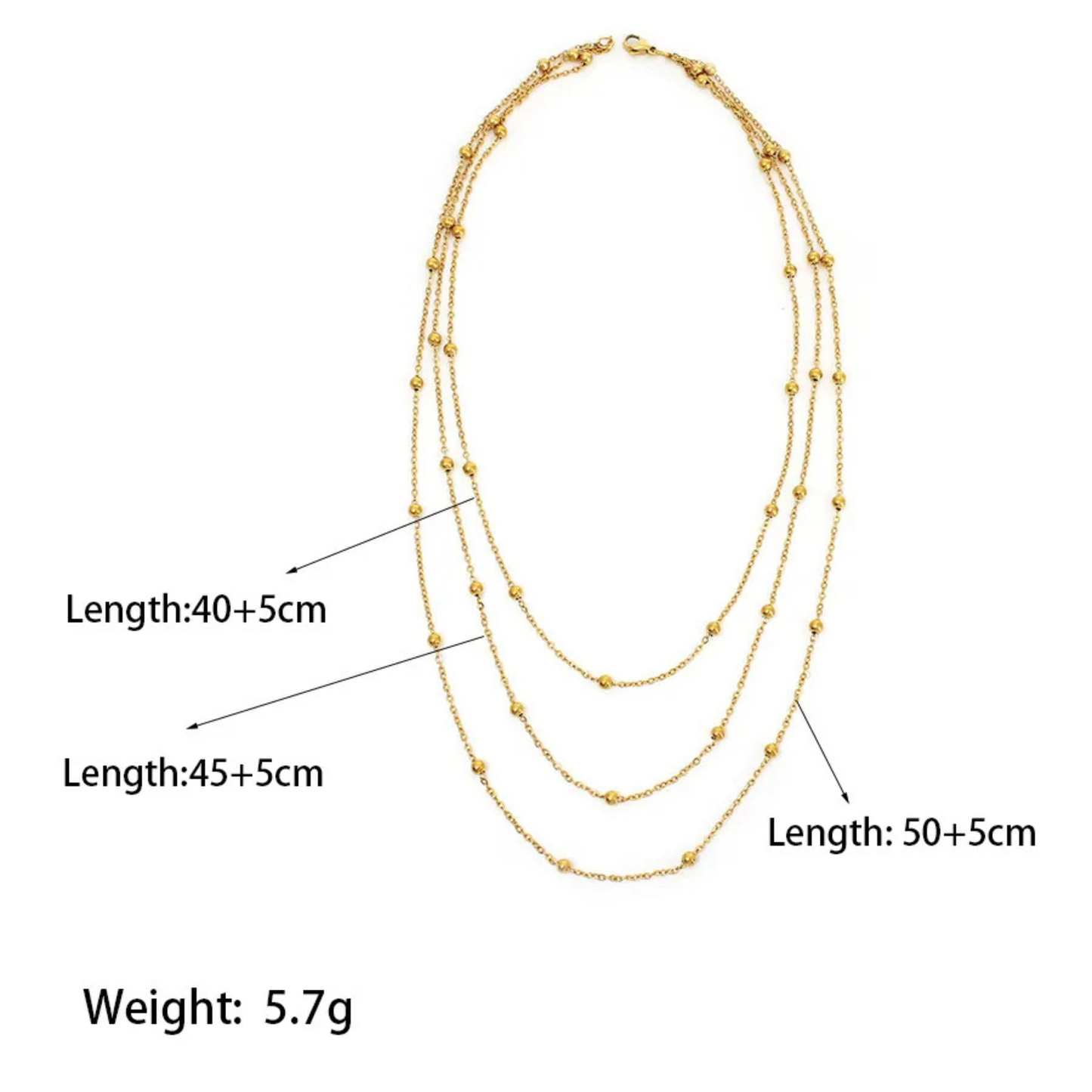 Gold necklace with measurements on a white background