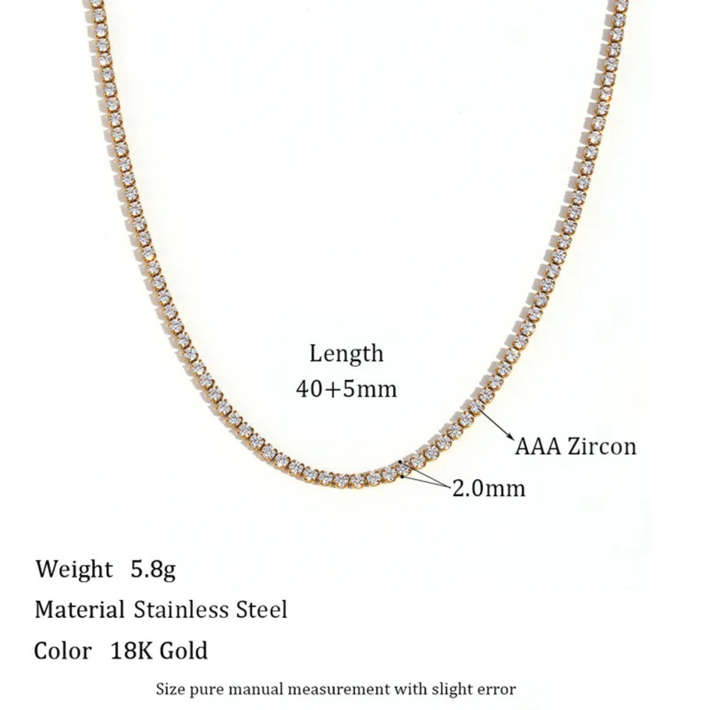 Gold necklace with zirconia stones on a white background, showing product details.