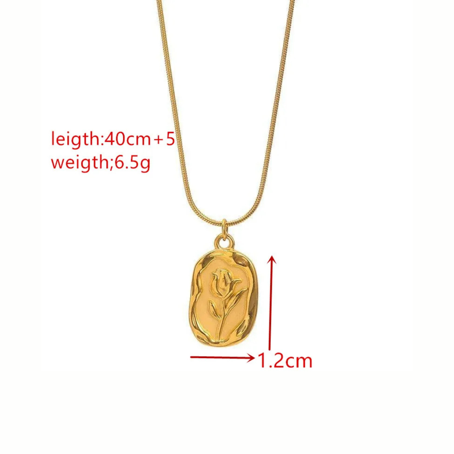 Gold necklace with pendant on a white background, showing measurements.