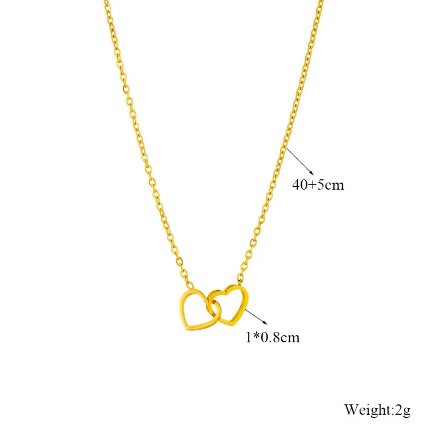 Gold necklace with interlocking heart pendants on a white background