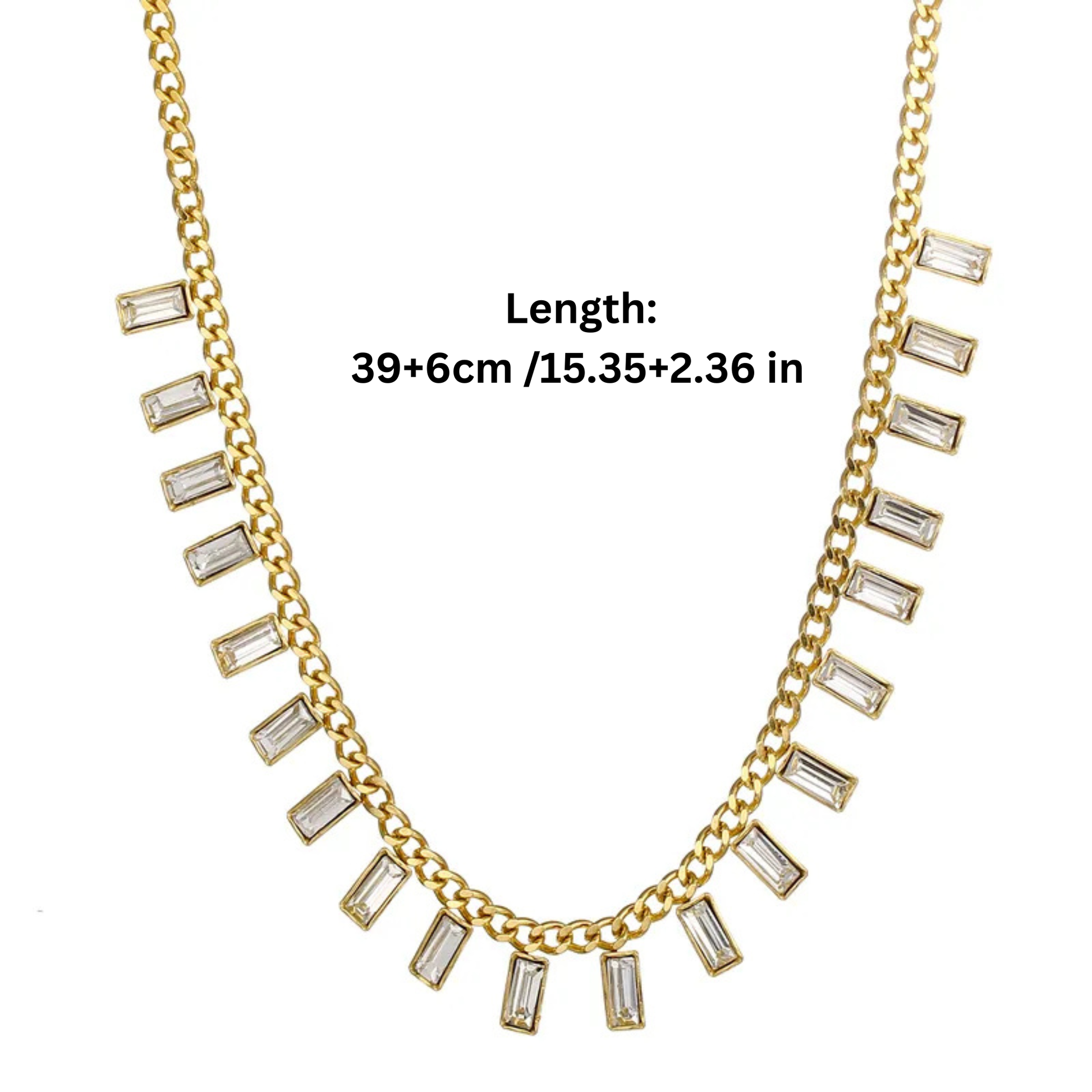 Gold necklace with clear stones and length measurement on a white background