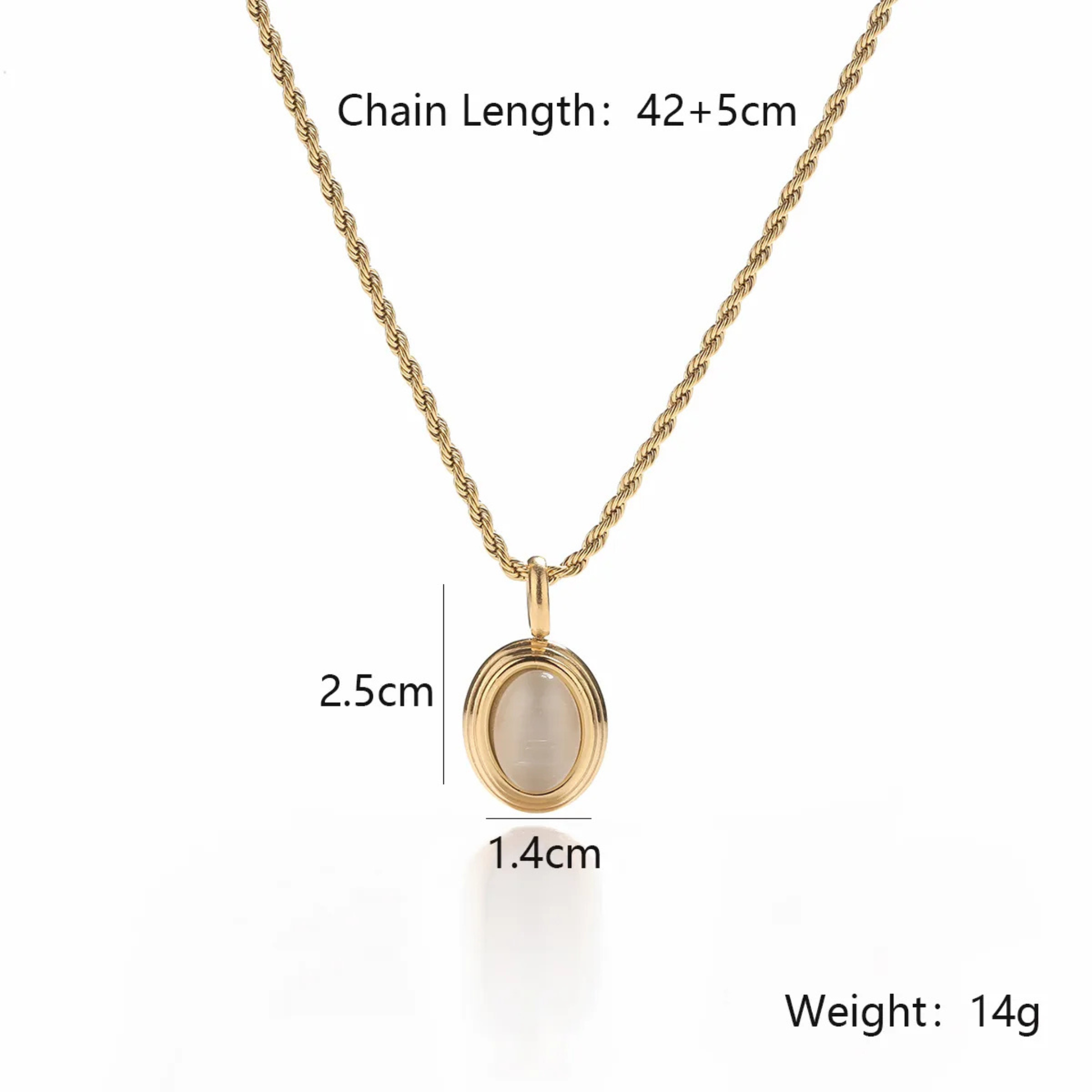 Gold necklace with pendant, showing chain length, pendant dimensions, and weight on a white background.