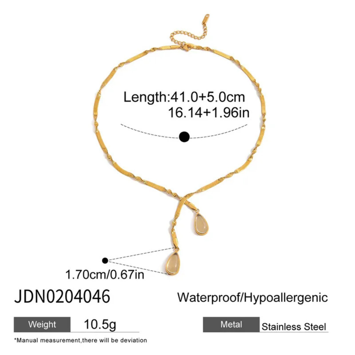 Gold necklace with measurements and product details on a white background