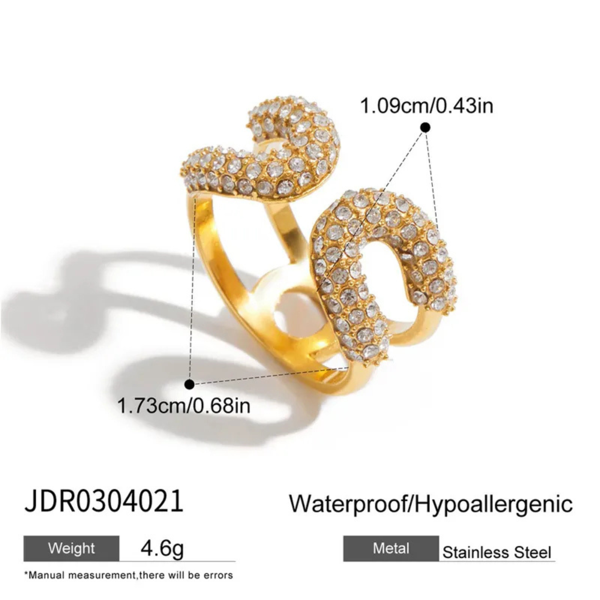 Gold ring with gemstones and measurements on a white background