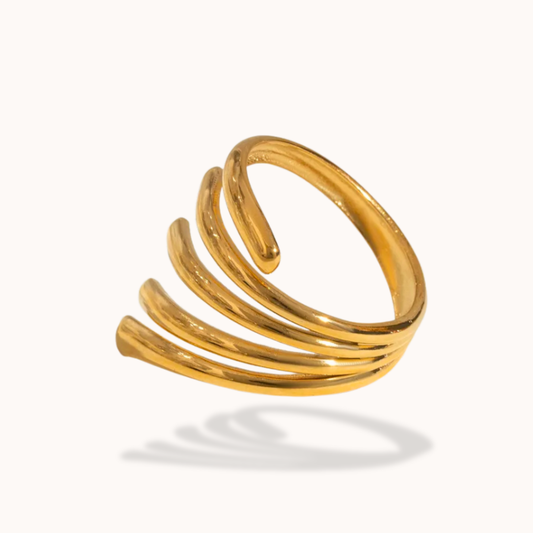 Gold spiral ring on a white background