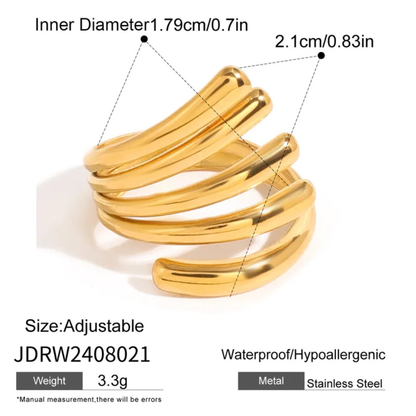 Gold ring with measurements and product details on a white background