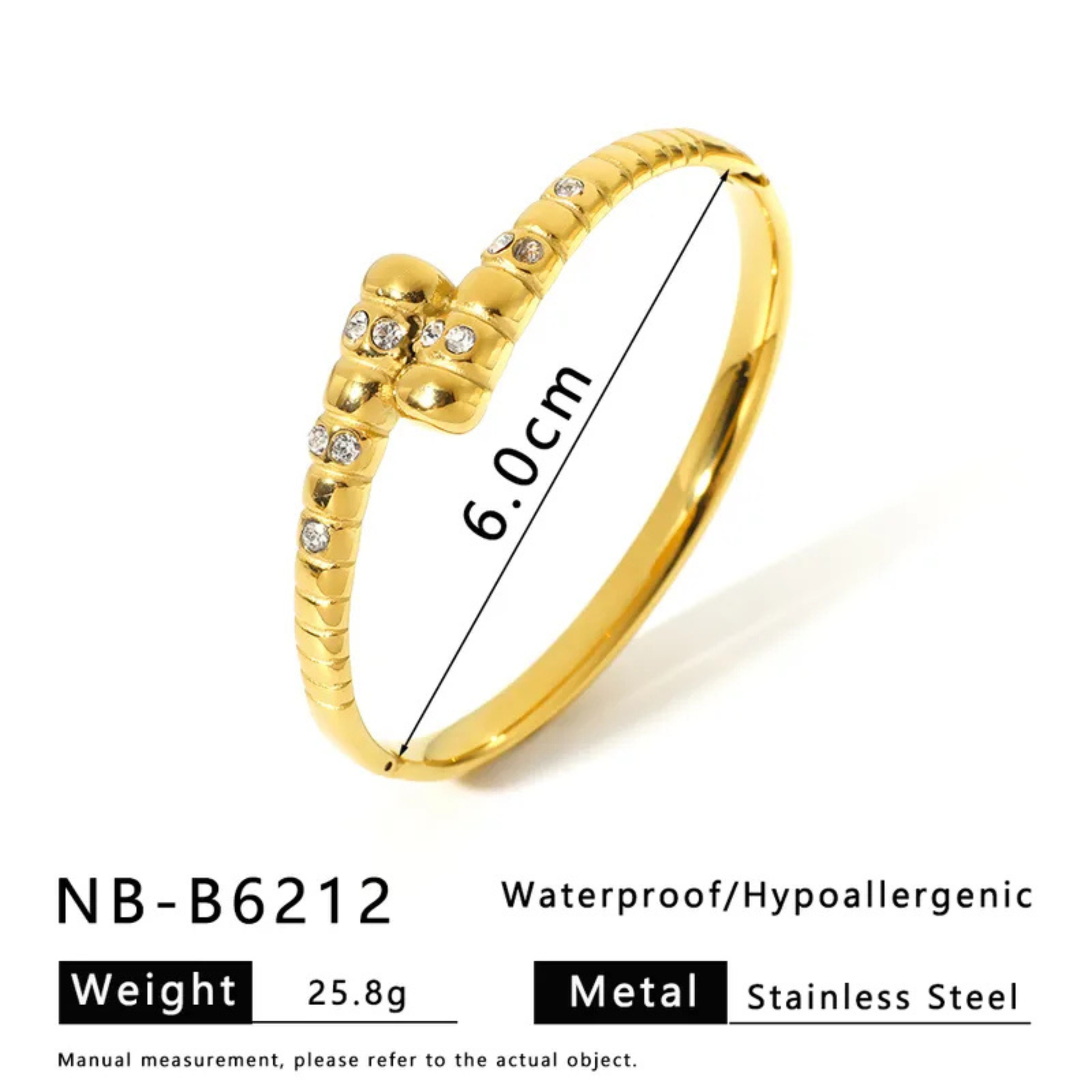Gold bracelet with measurement details on a white background