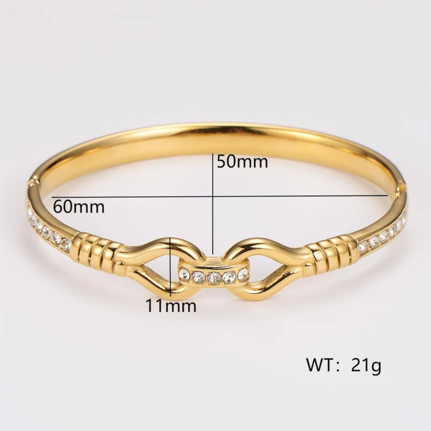 Gold bracelet with measurements and weight on a white background
