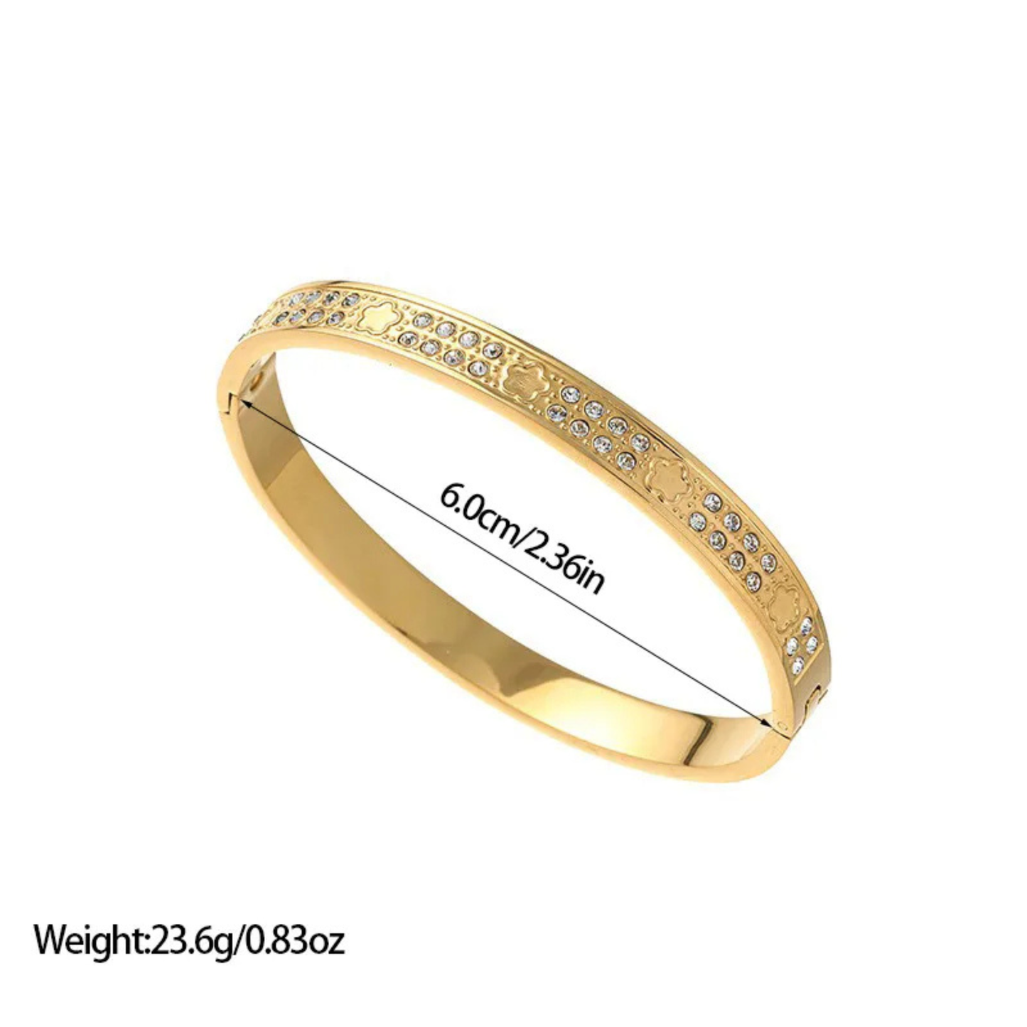 Gold bracelet with measurement details on a white background
