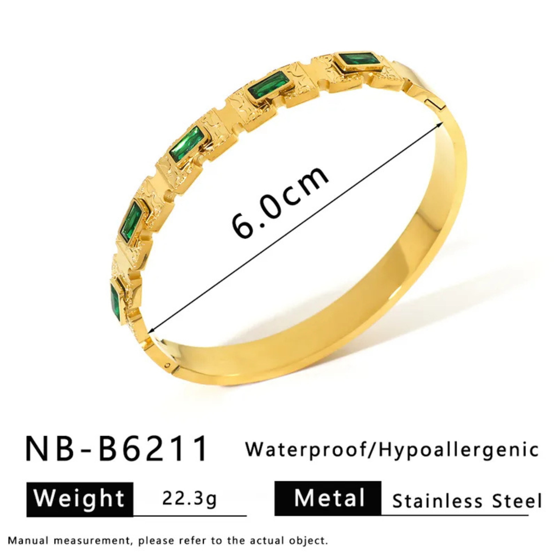 Gold bracelet with green stones and measurements on a white background