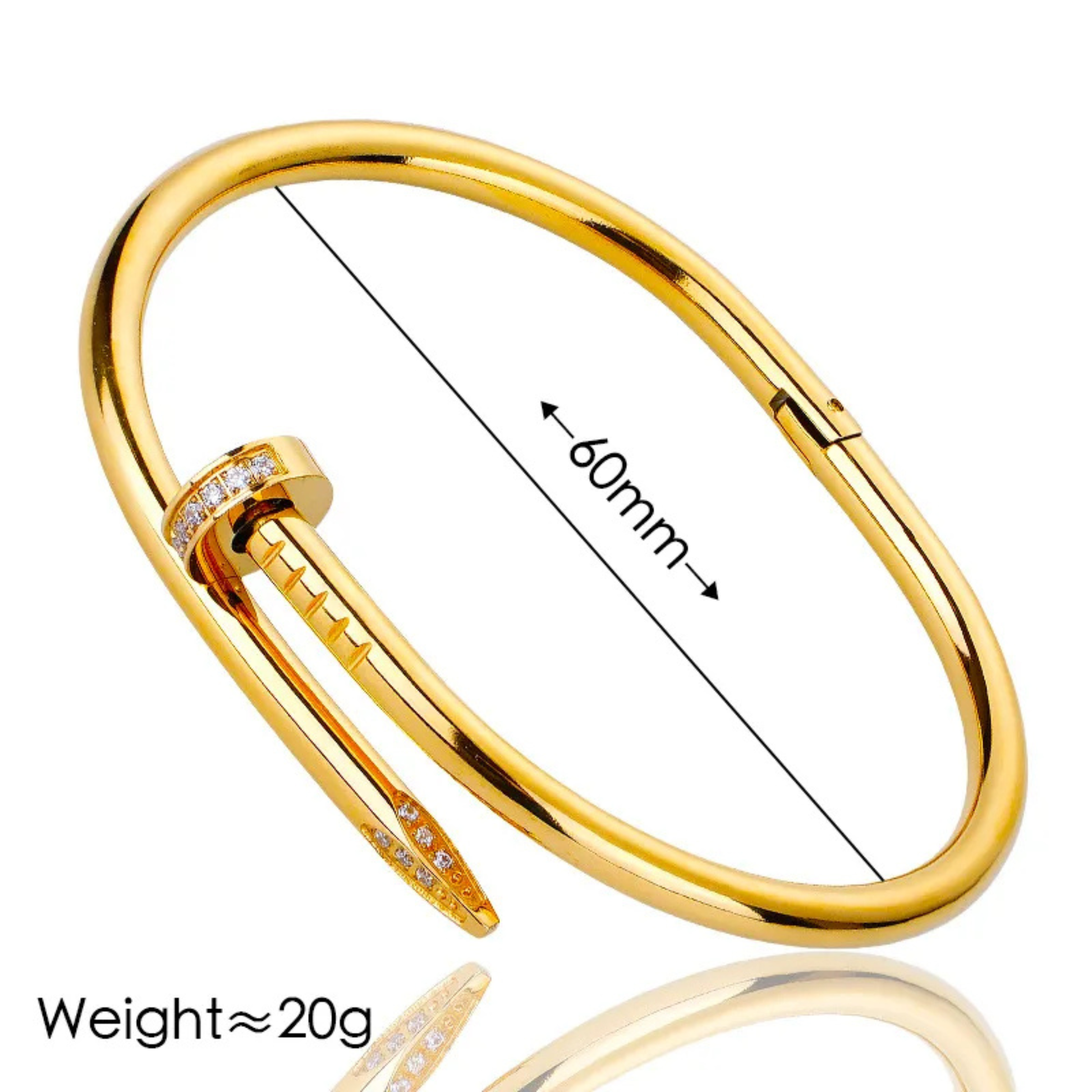 Gold bracelet with measurement details on a white background