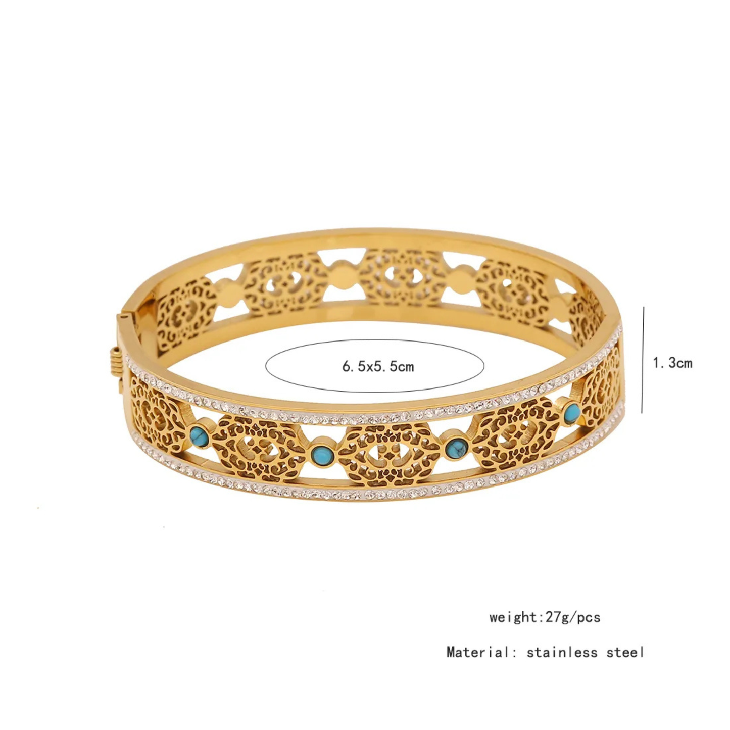 Gold bracelet with intricate design and turquoise stones on a white background
