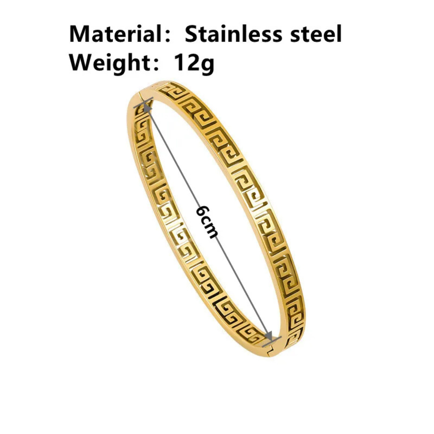 Gold bracelet with measurements and material information on a white background