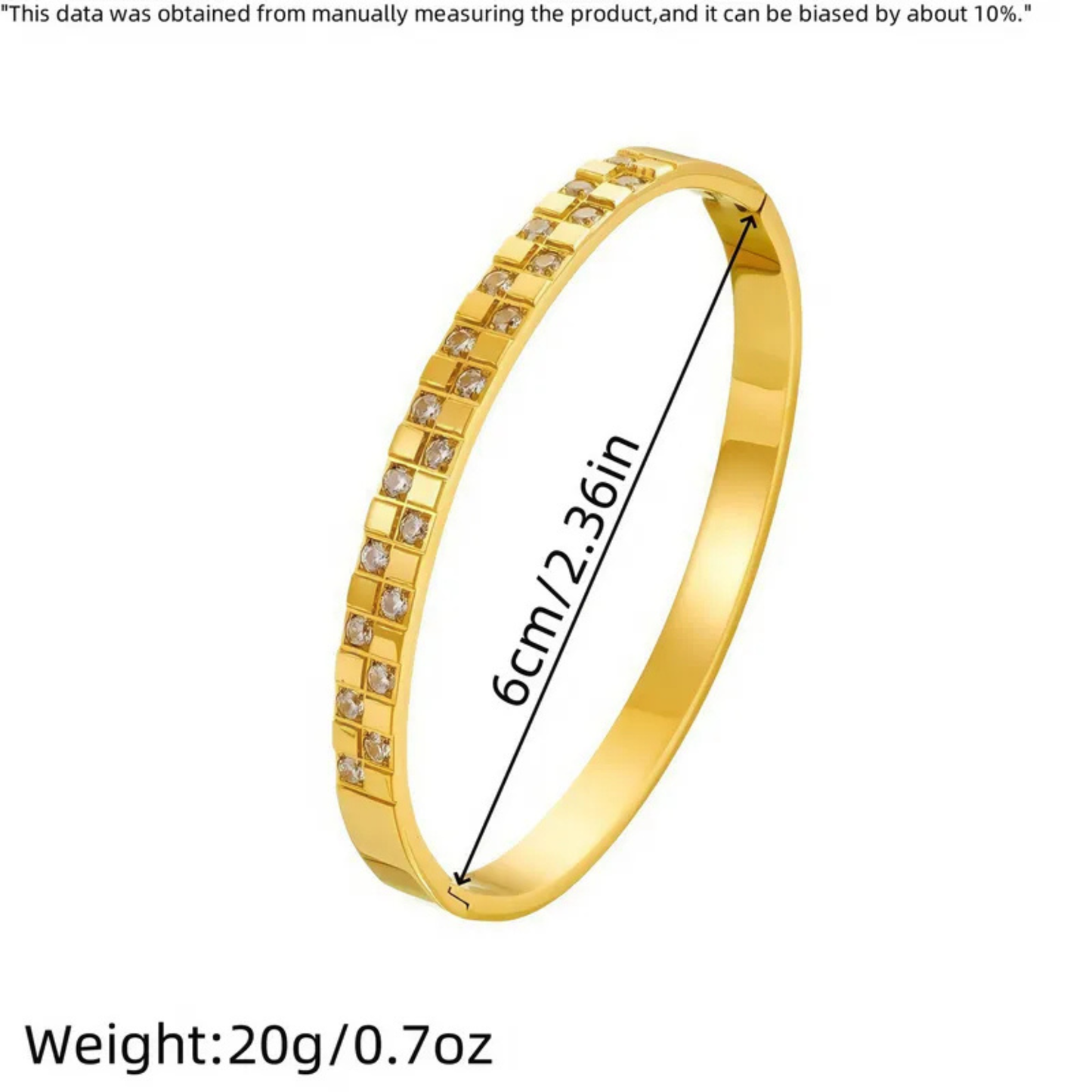 Gold bracelet with measurements on a white background