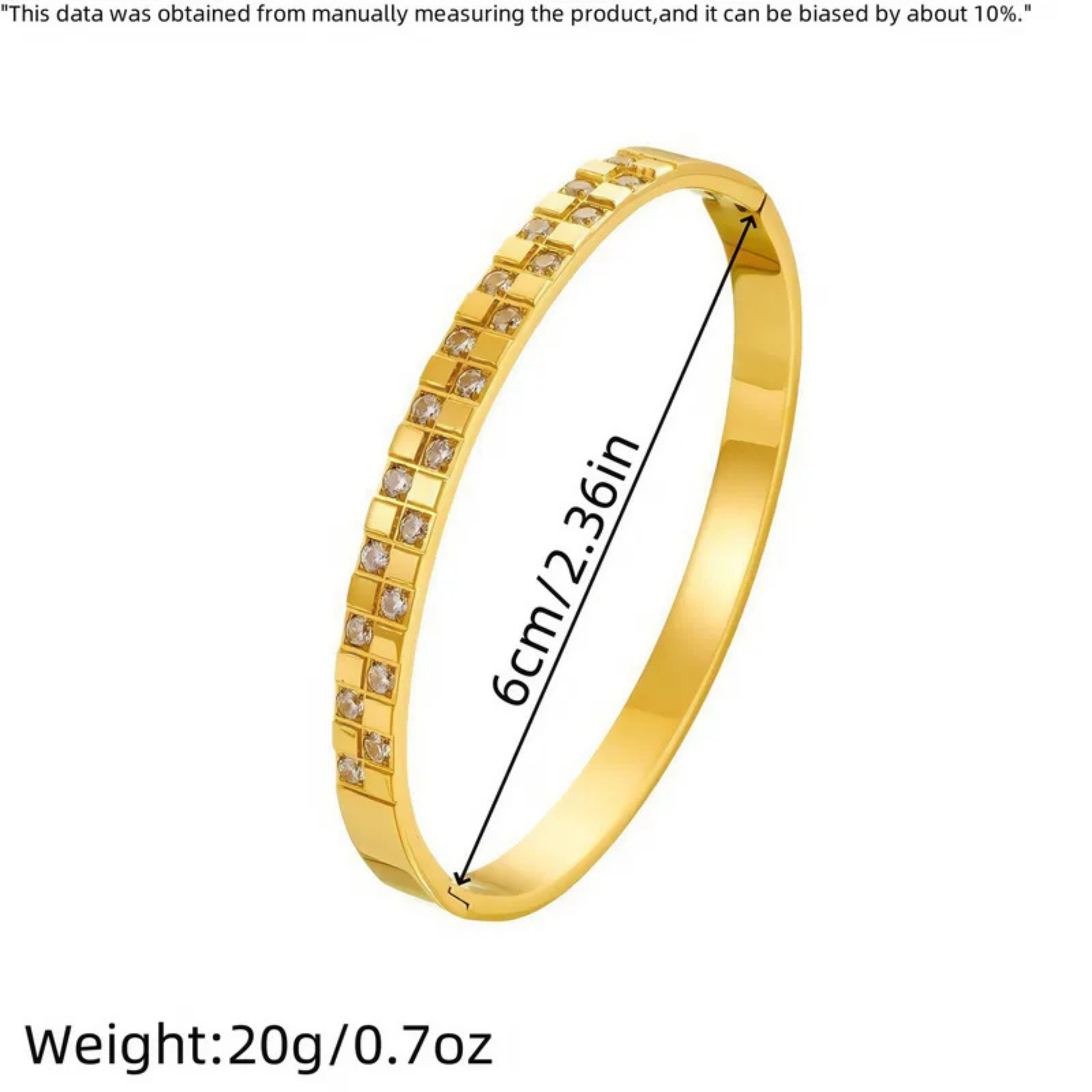 Gold bracelet with measurements on a white background