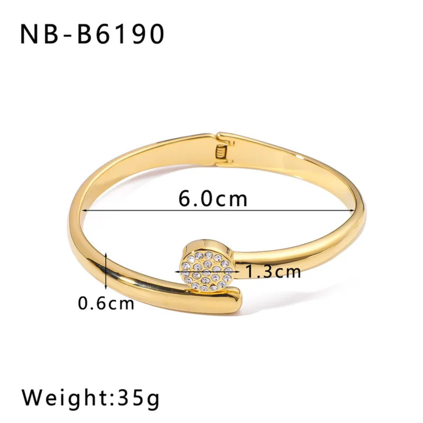 Gold bracelet with measurements and weight details on a white background