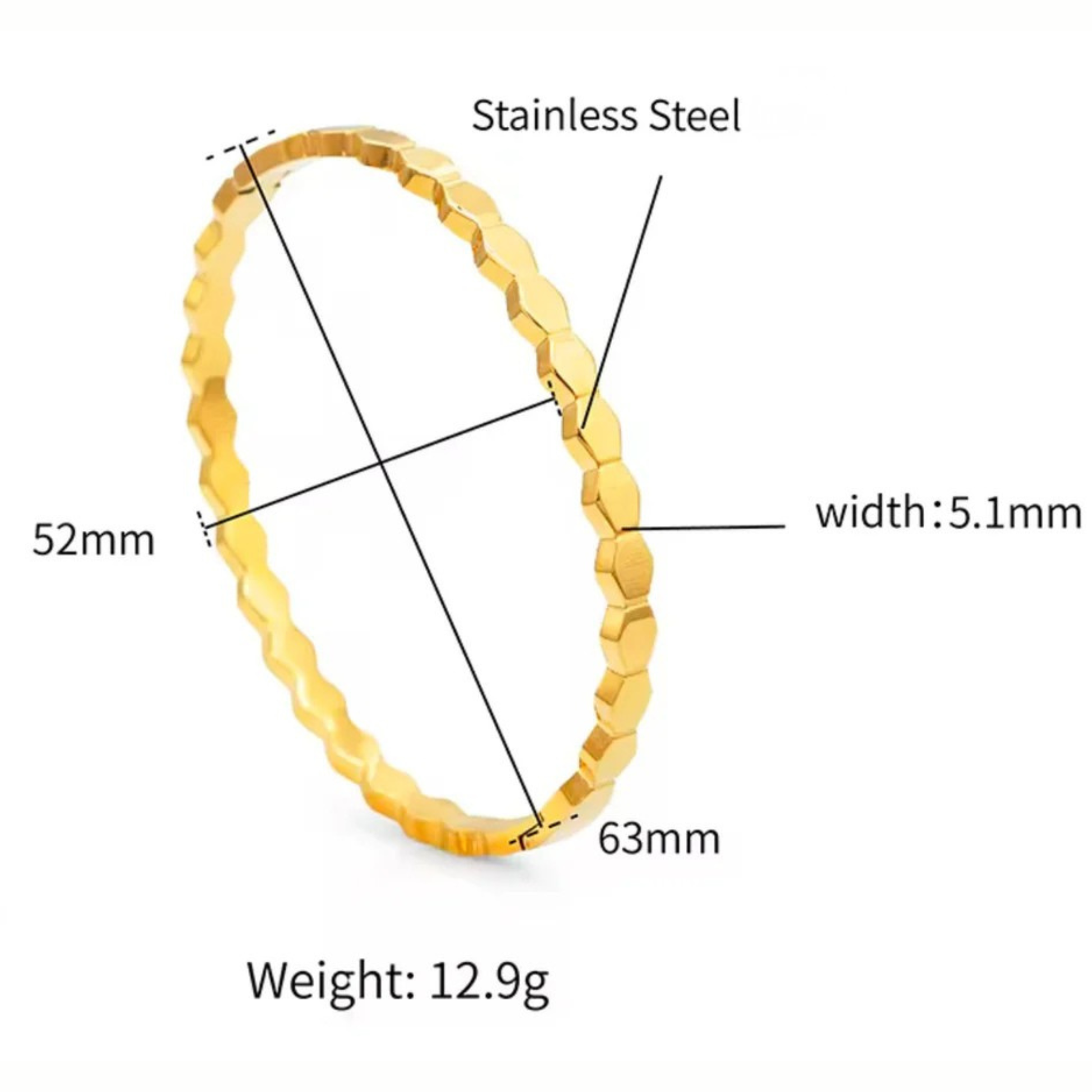 Gold bracelet with measurements on a white background