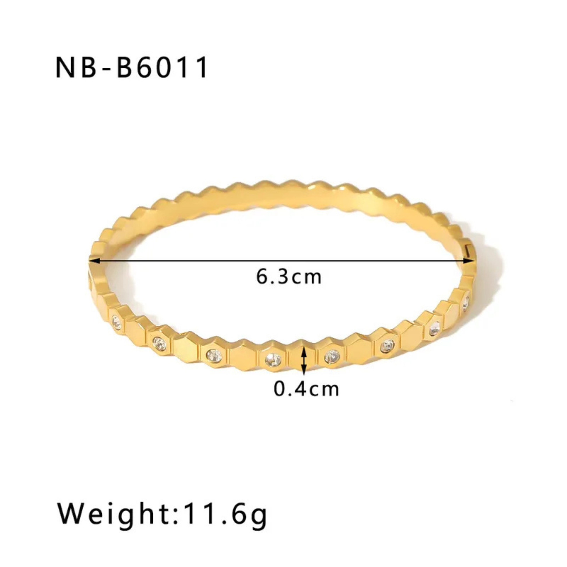 Gold bracelet with measurements and weight details on a white background