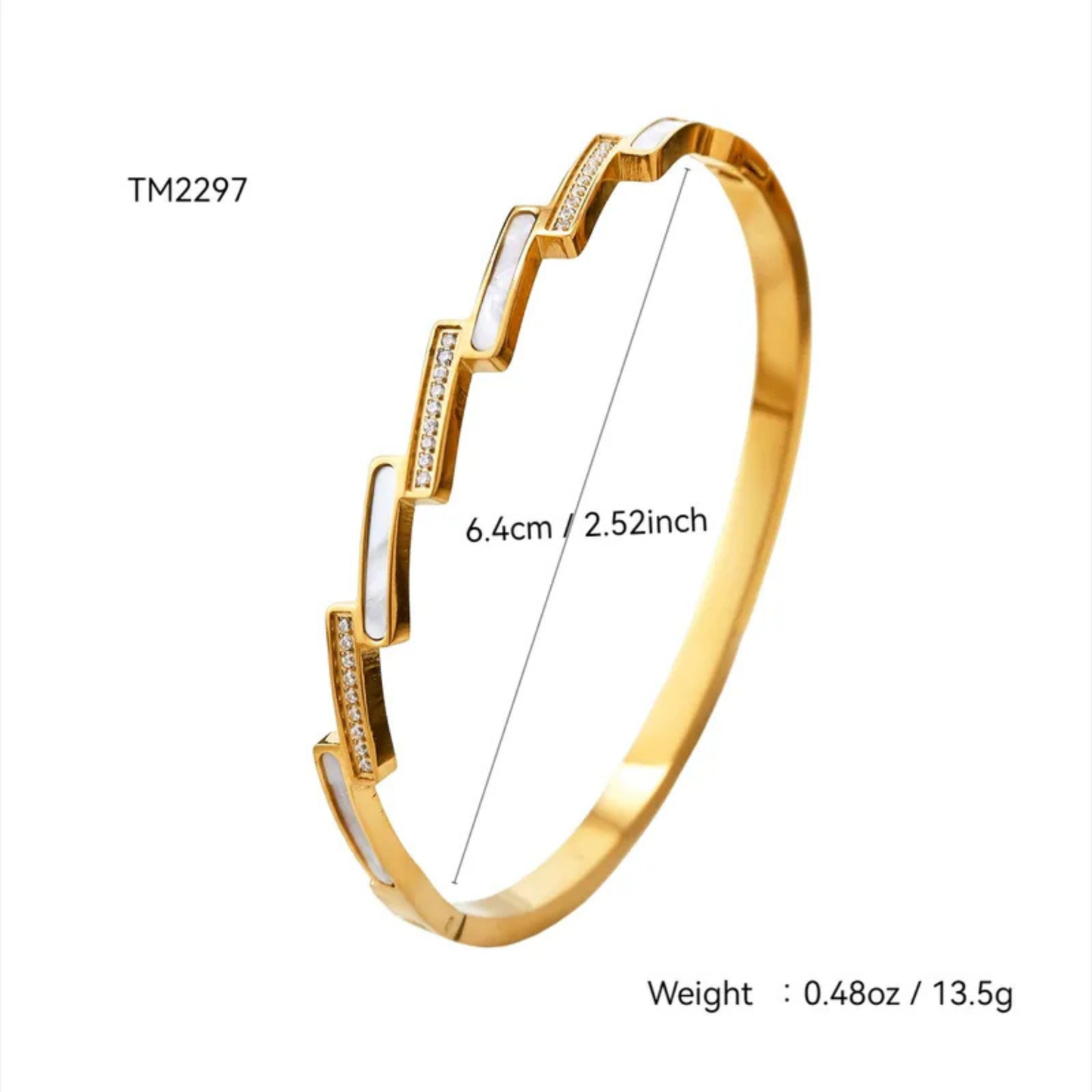 Gold bracelet with diamond accents and measurements on a white background
