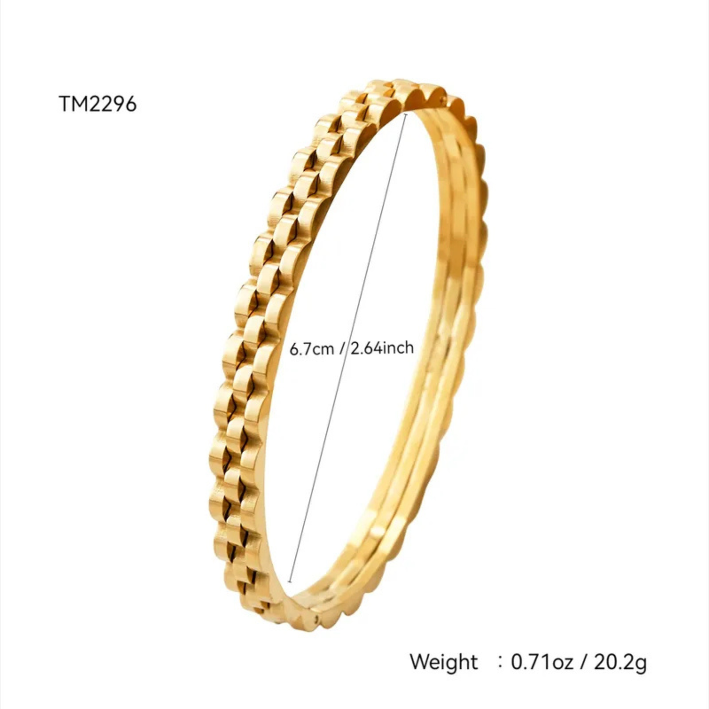 Gold bracelet with measurements and weight details on a white background