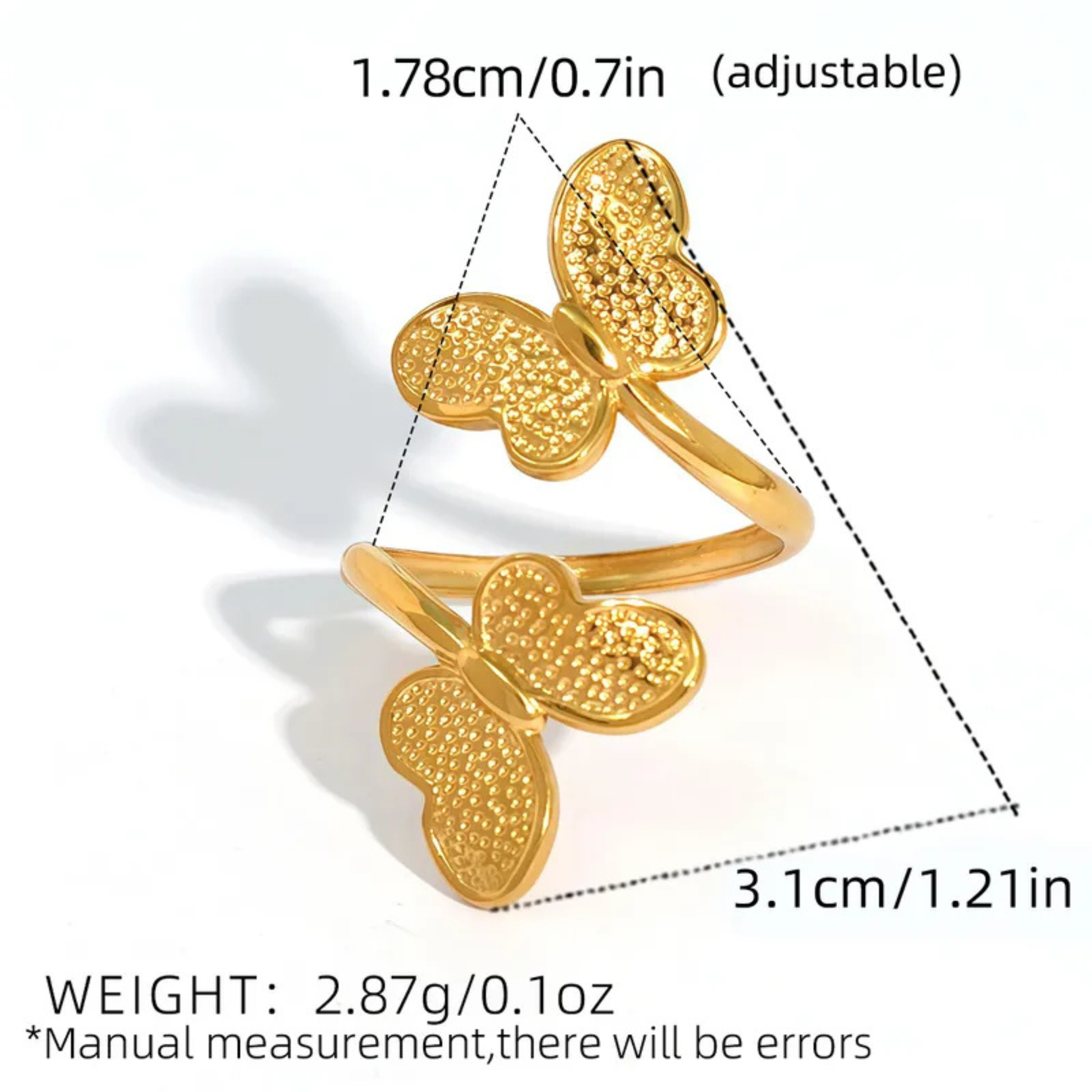 Gold butterfly-shaped ring with measurements and weight details on a white background