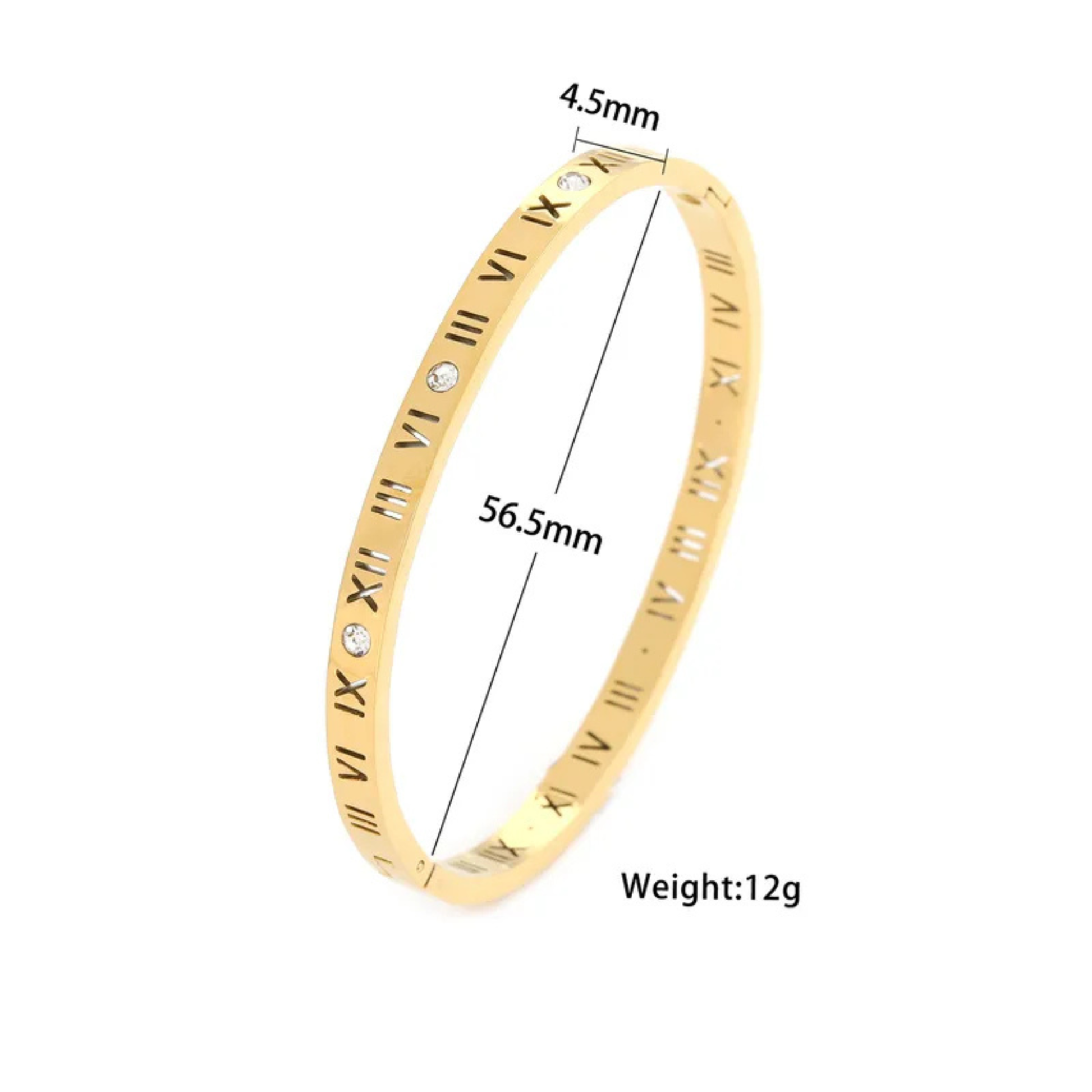 Gold bracelet with Roman numeral design and measurements on a white background