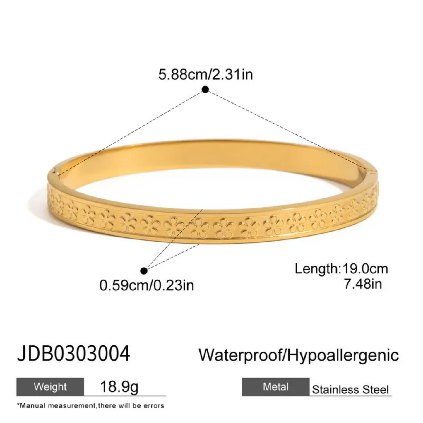 Gold bracelet with measurements and product details on a white background