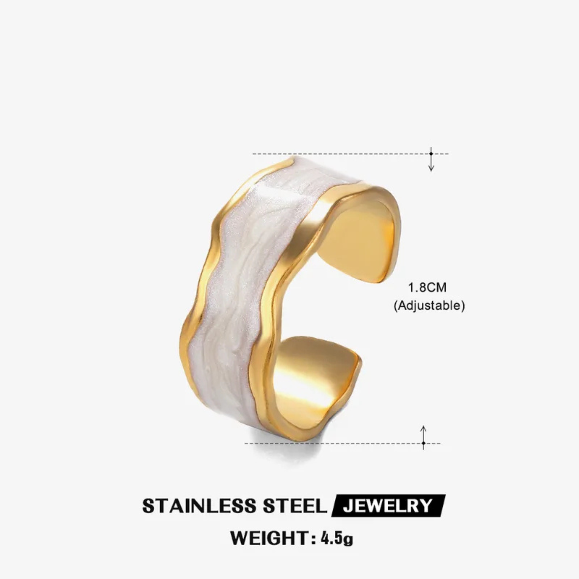 Gold and white adjustable ring with measurements on a white background