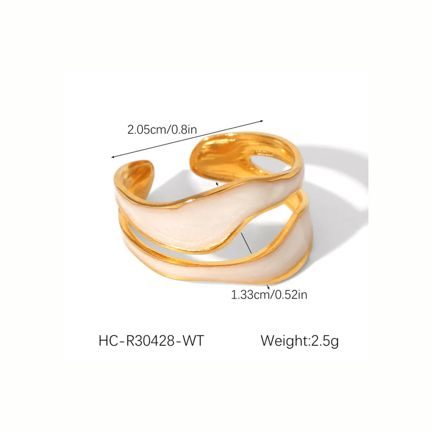 Gold and white bracelet with measurements and weight on a white background