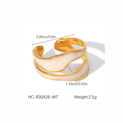 Gold and white bracelet with measurements and weight on a white background