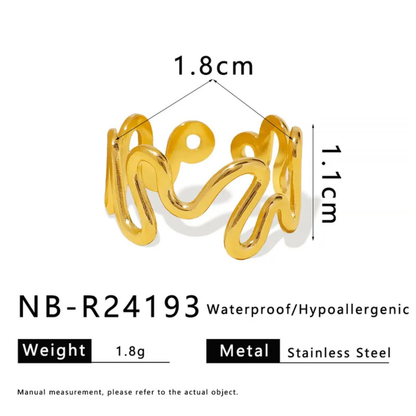 Gold ring with measurements and product details on a white background