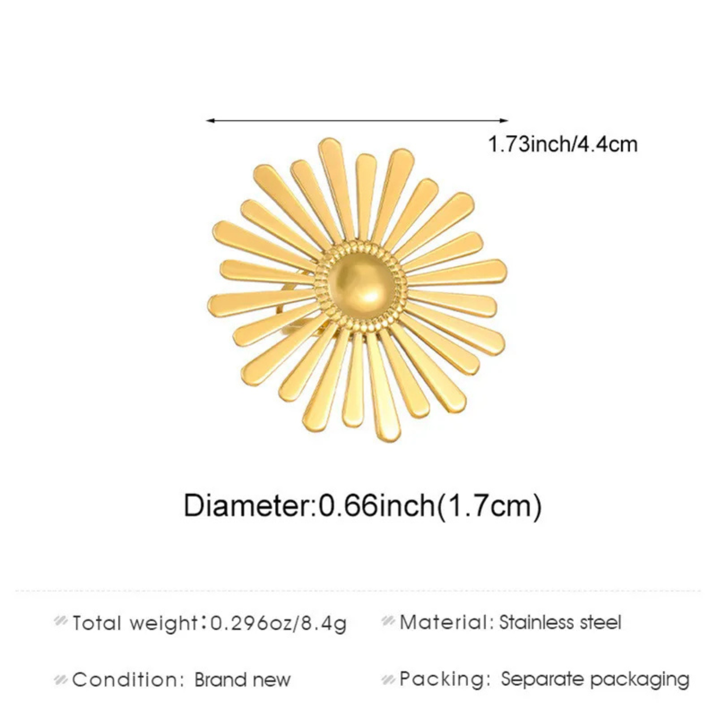 Gold sunflower-shaped object with measurements and details on a white background