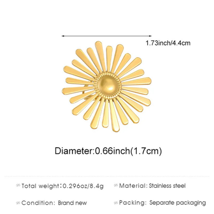 Gold sunflower-shaped object with measurements and details on a white background