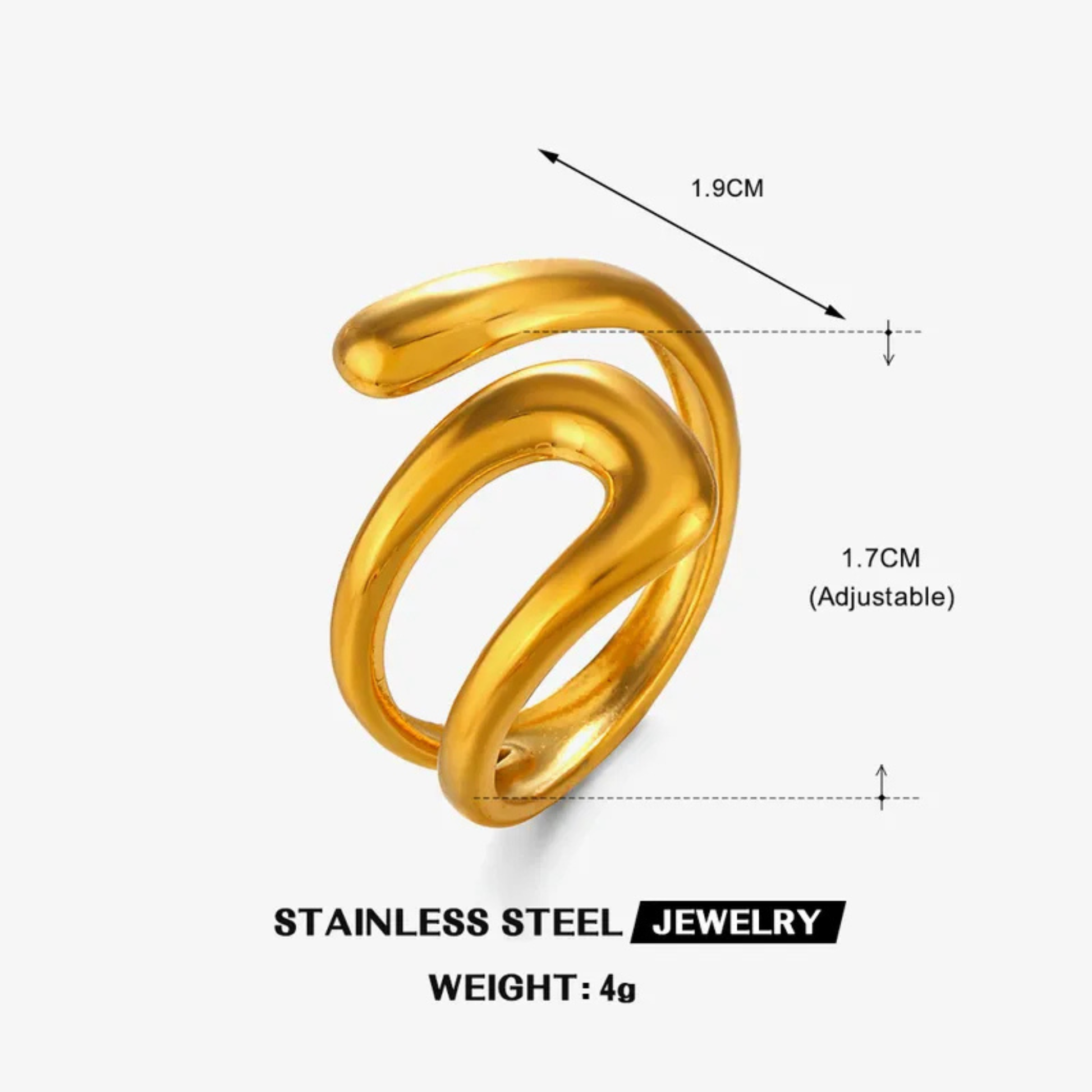 Gold ring with measurements on a white background