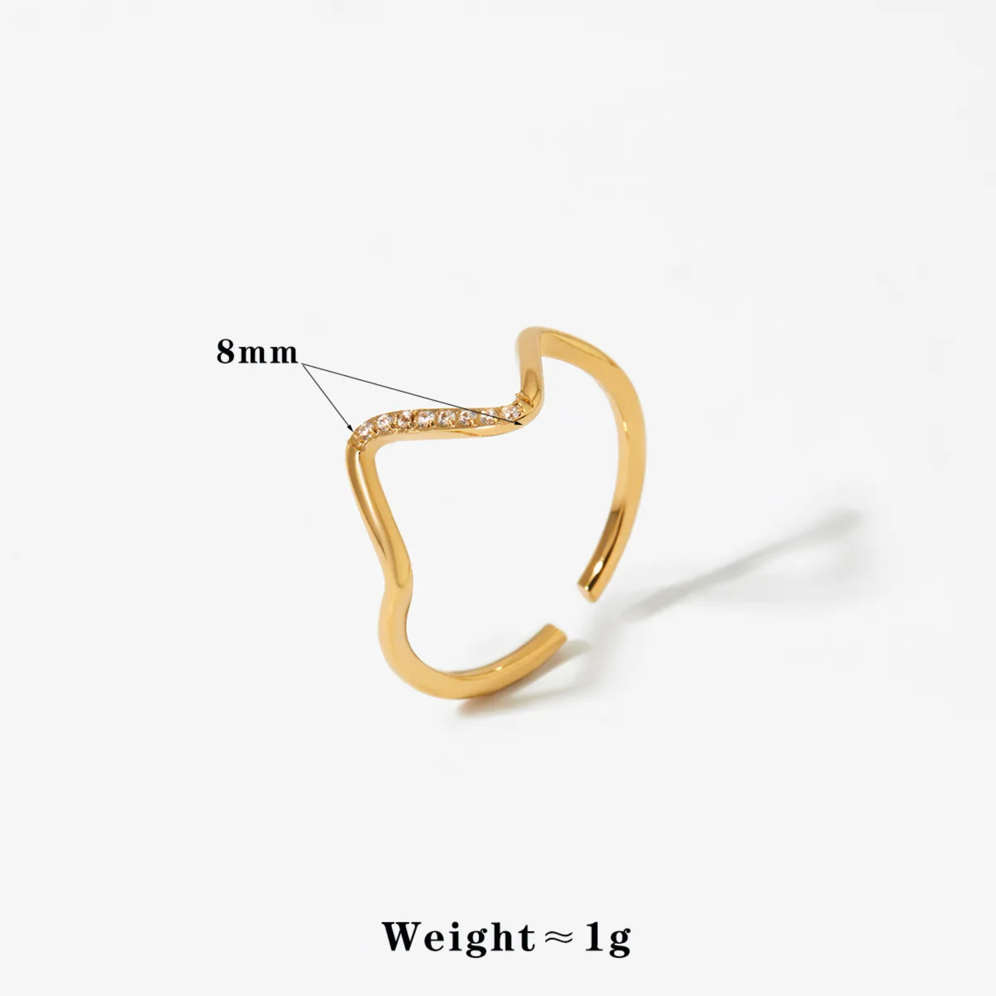 Gold ring with weight and size information on a white background