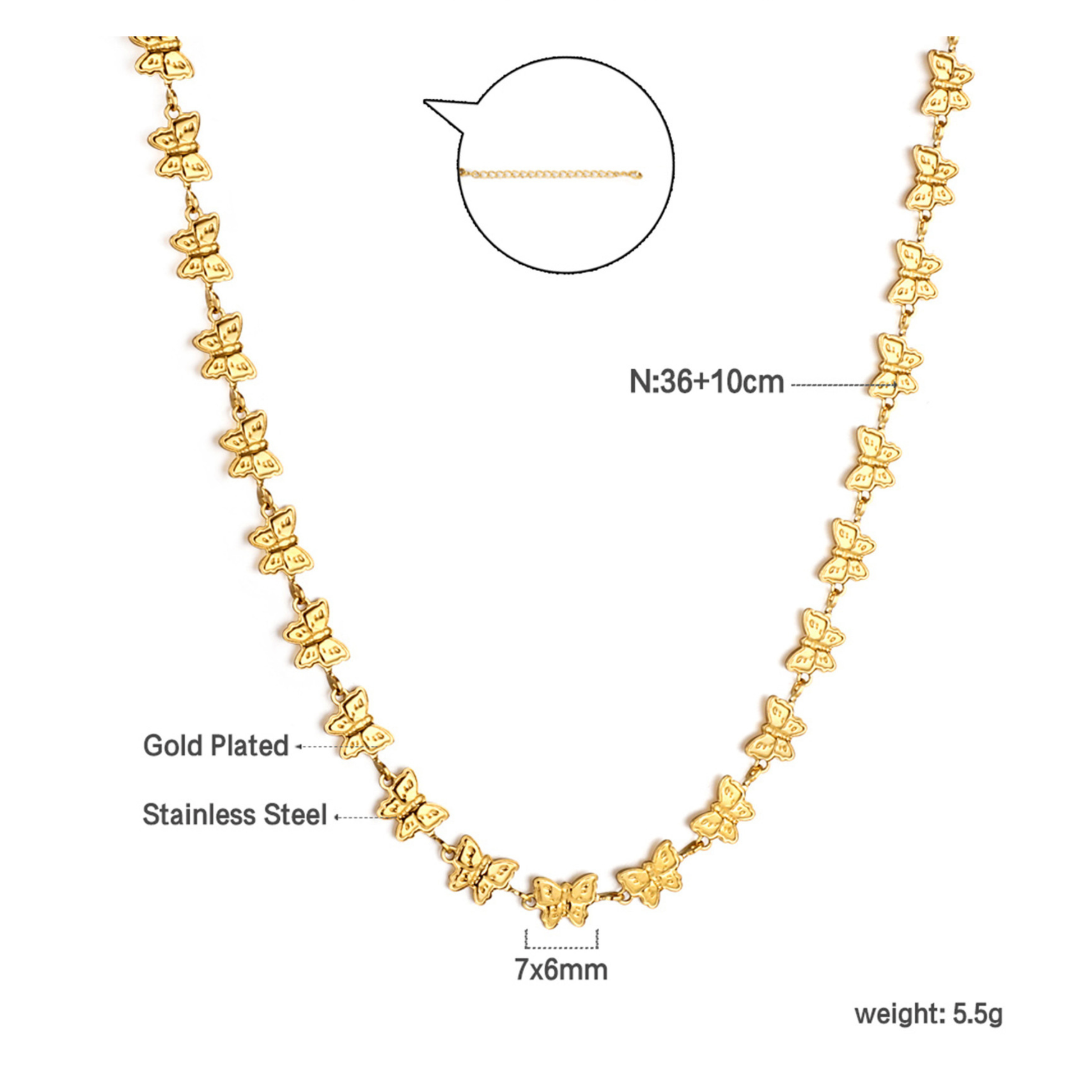 Gold butterfly necklace with measurements and material details on a white background