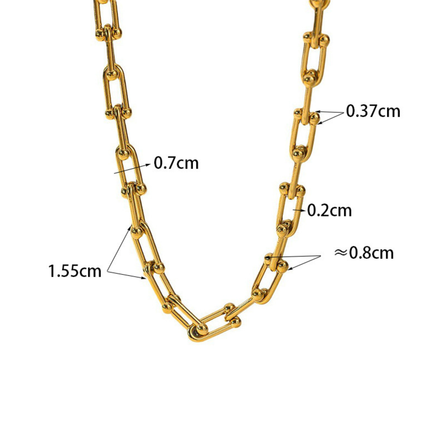 Gold chain with measurements indicated on a white background