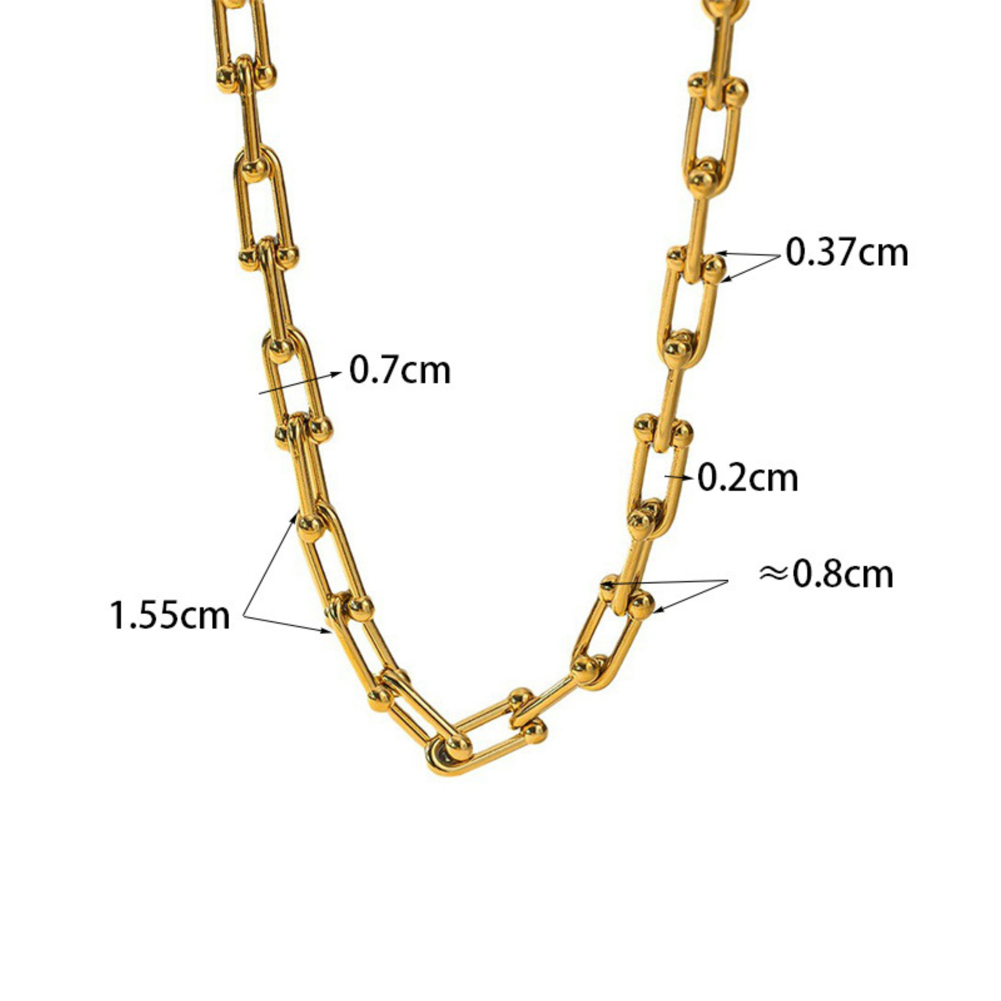 Gold chain with measurements indicated on a white background