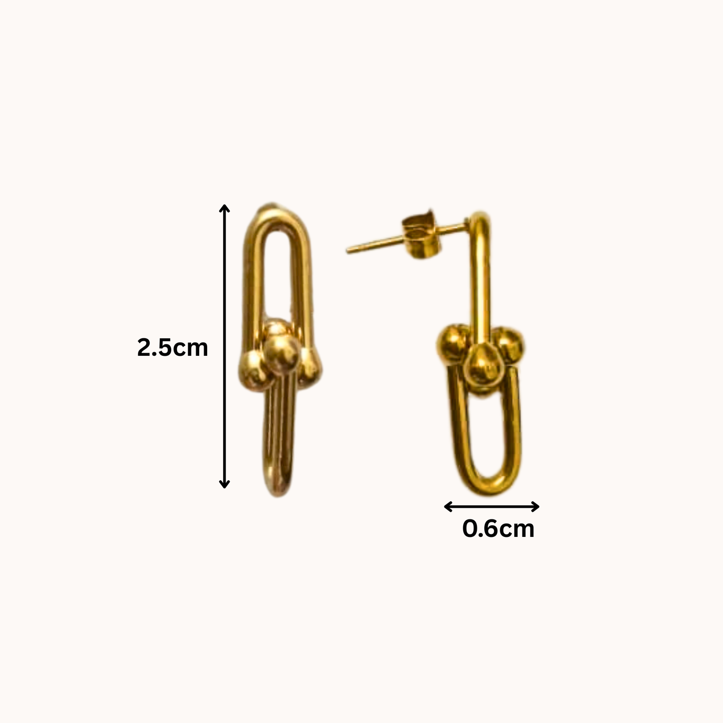 Gold chain-style earrings with measurements on a white background
