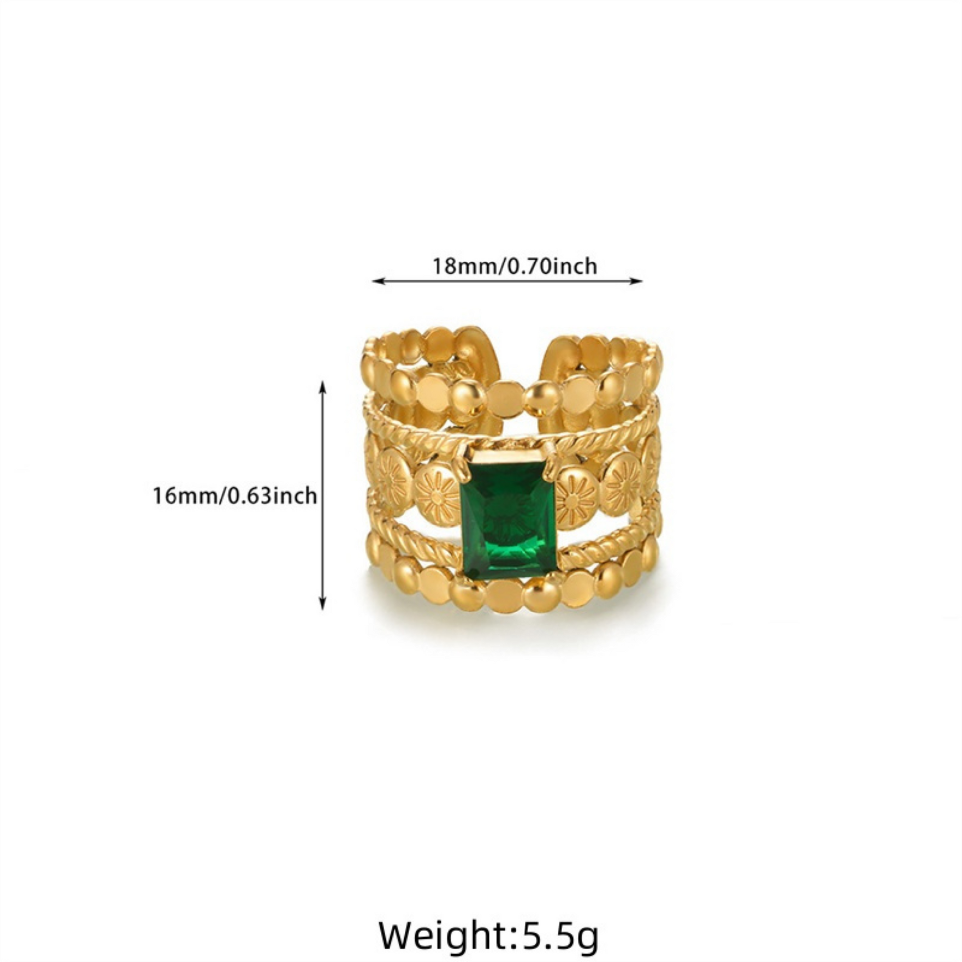 Gold ring with a green gemstone and measurements on a white background