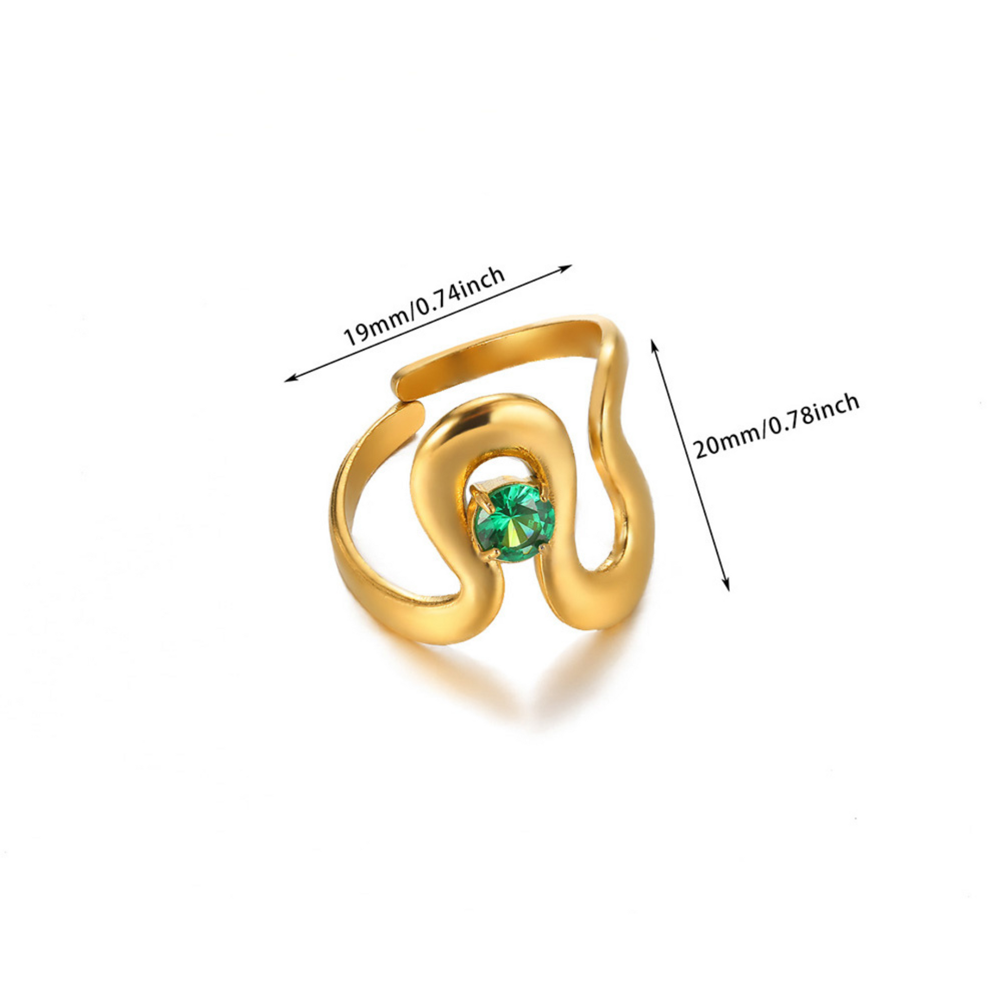 Gold ring with a green gemstone and measurements on a white background