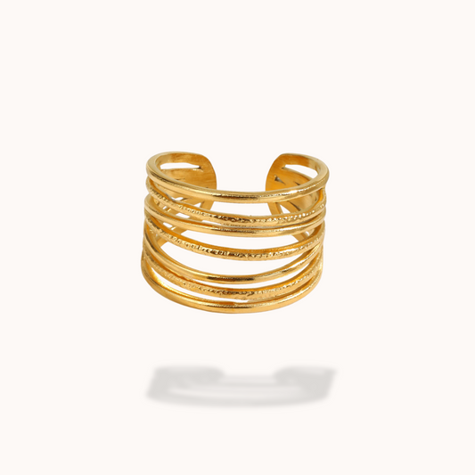 Gold ring with multiple stacked bands on a white background