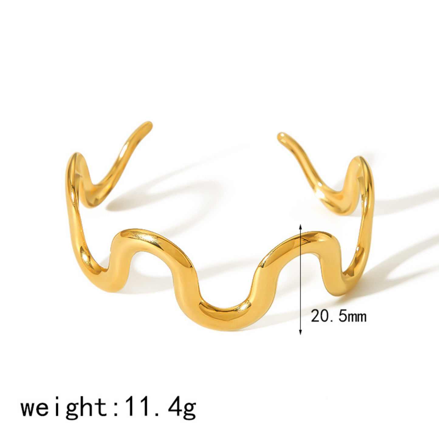 Gold wavy bangles with measurement details on a white background