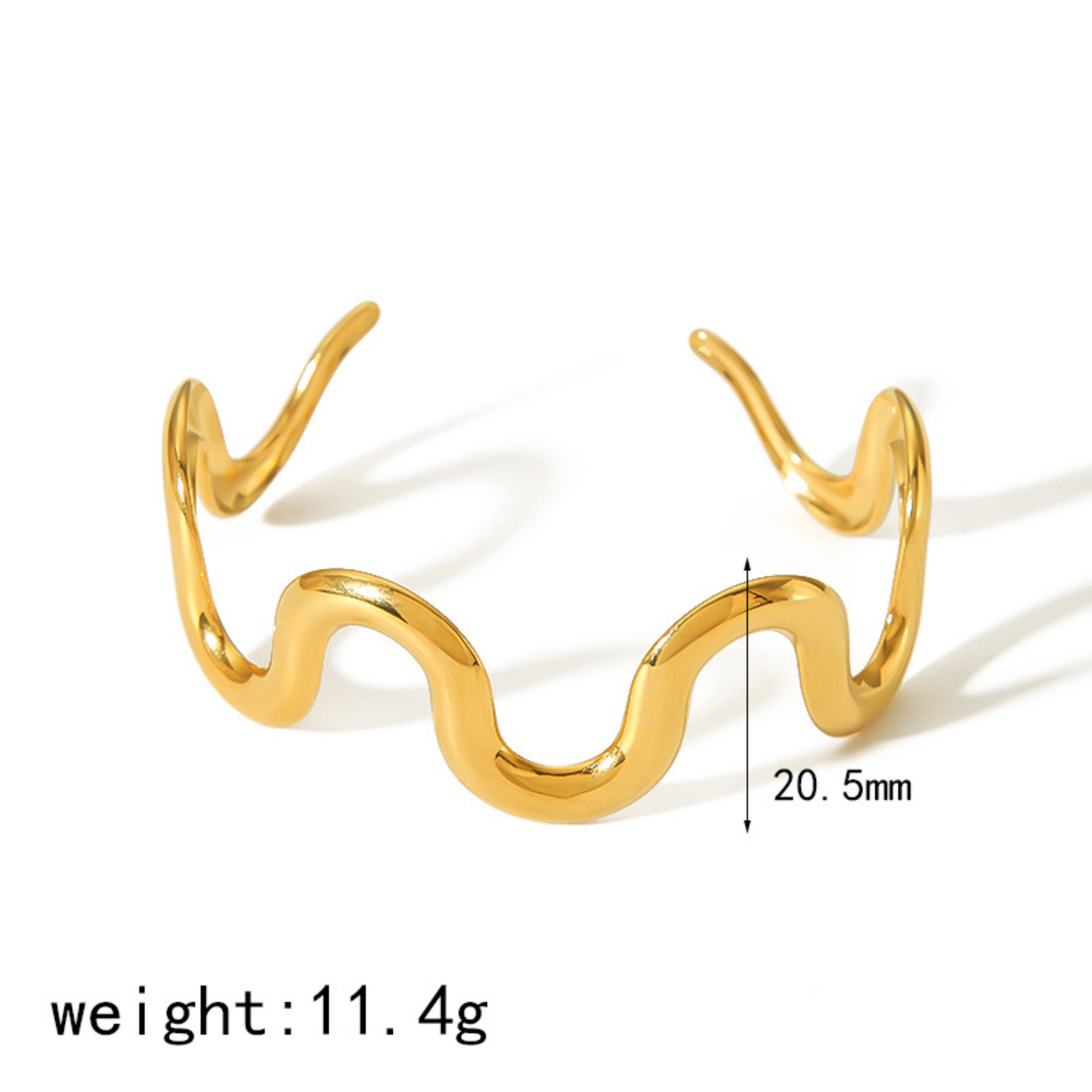 Gold wavy bangles with measurement details on a white background