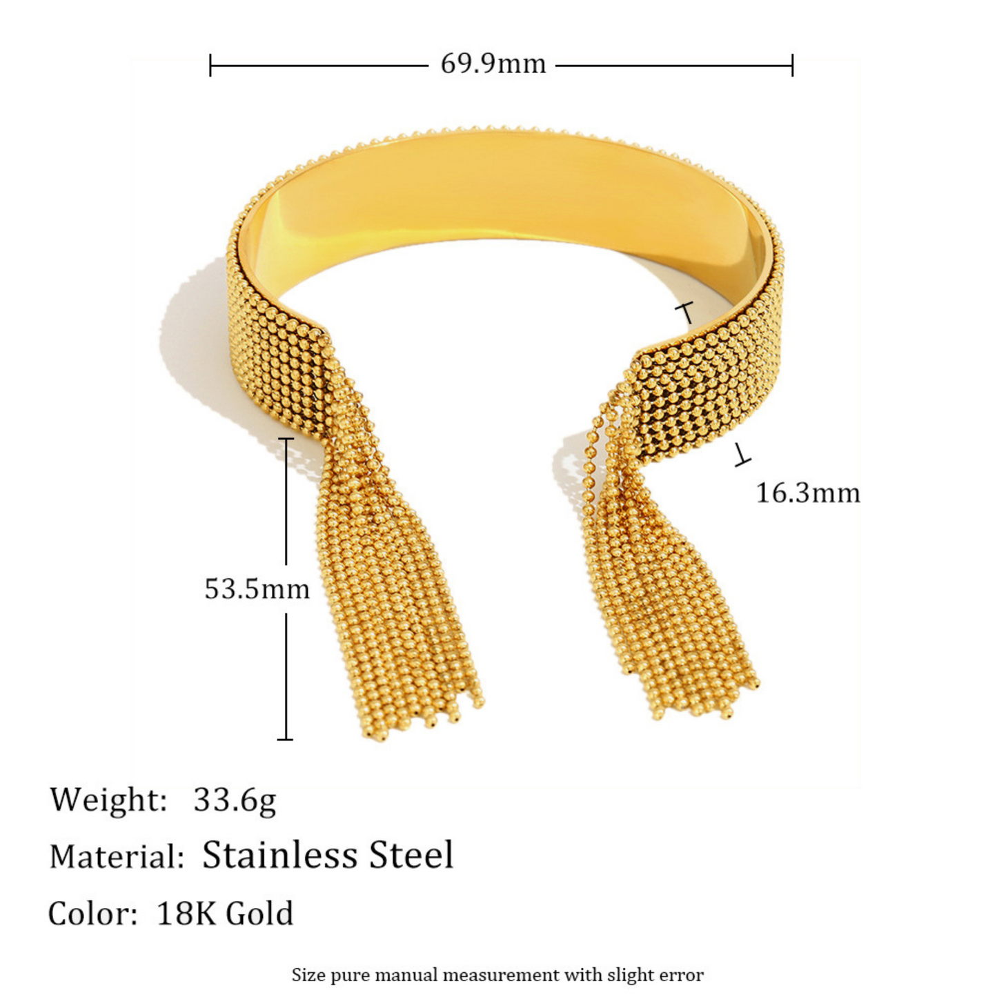 Gold bracelet with measurements and material details on a white background