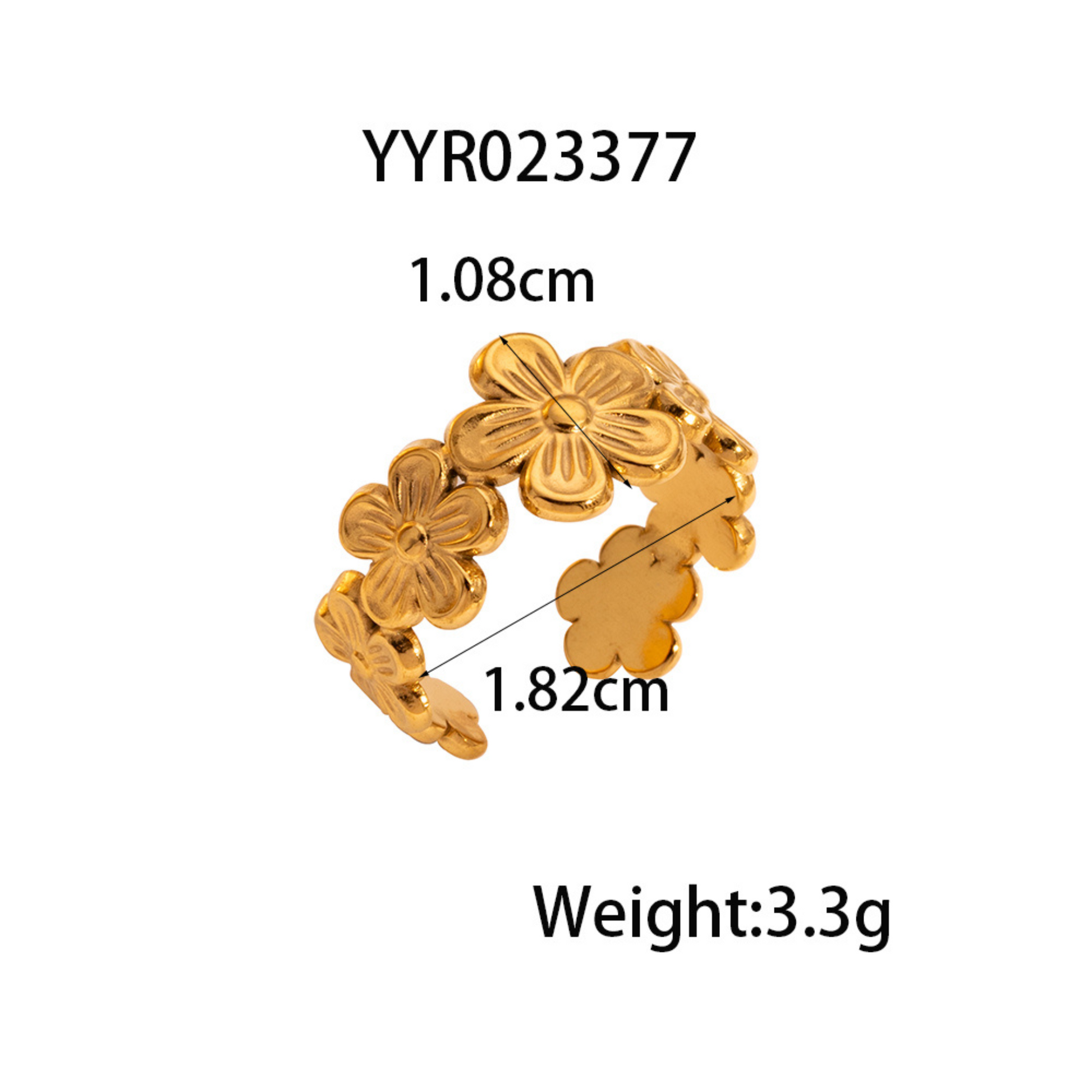 Gold ring with floral designs and measurements on a white background